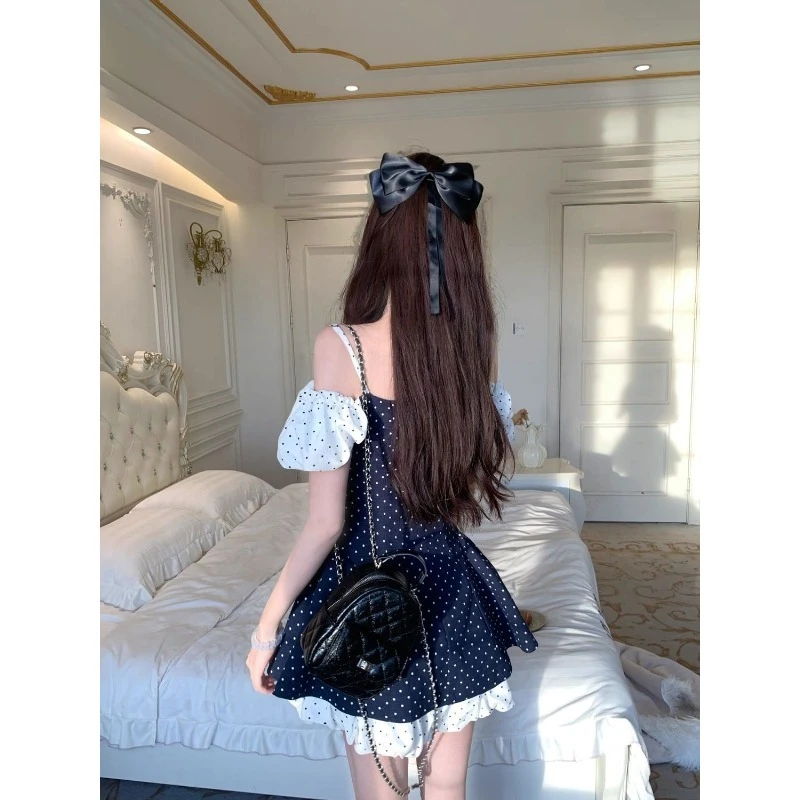 Bella ragazza pizzo impiombato a pois senza spalline mini abito da donna slash neck a-line abiti slim vacanza abito 2025 estate