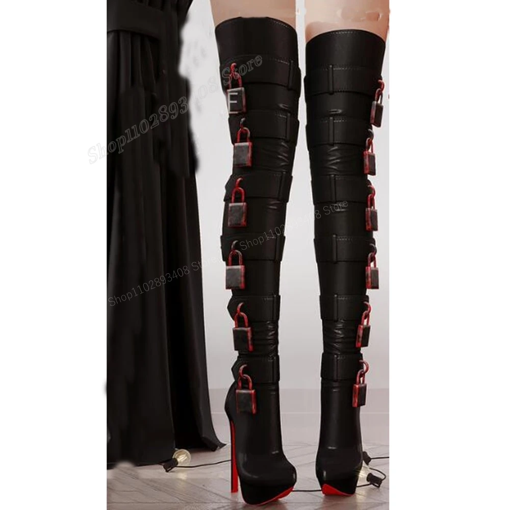 Red Locks Decor Matte Leather Over the Knee Boots Stiletto High Heel Fashion Sexy Women Shoes 2024 Spring Zapatos Para Mujere