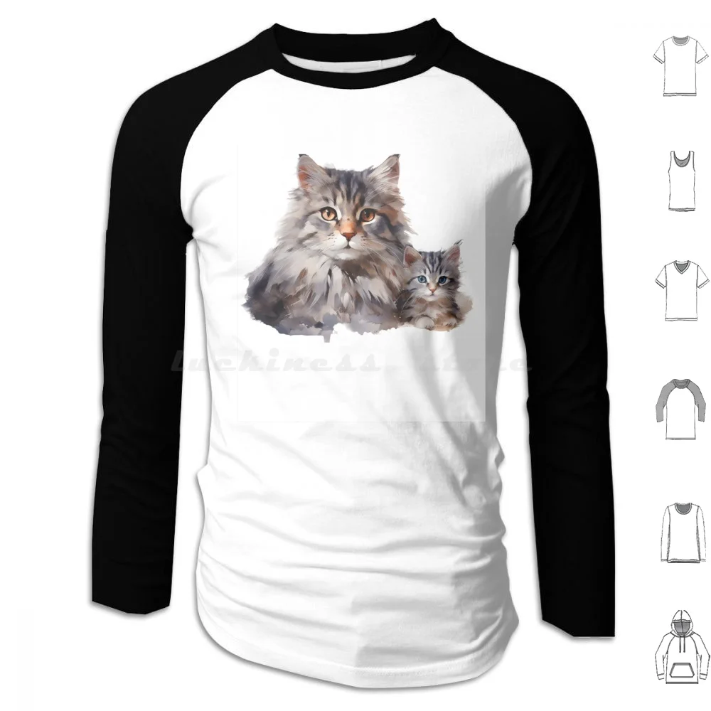 Loving Mother Cat And Her Playful Kitten Hoodie cotton Long Sleeve Cat Illustration Mother Cat And Kitten Cute Cat