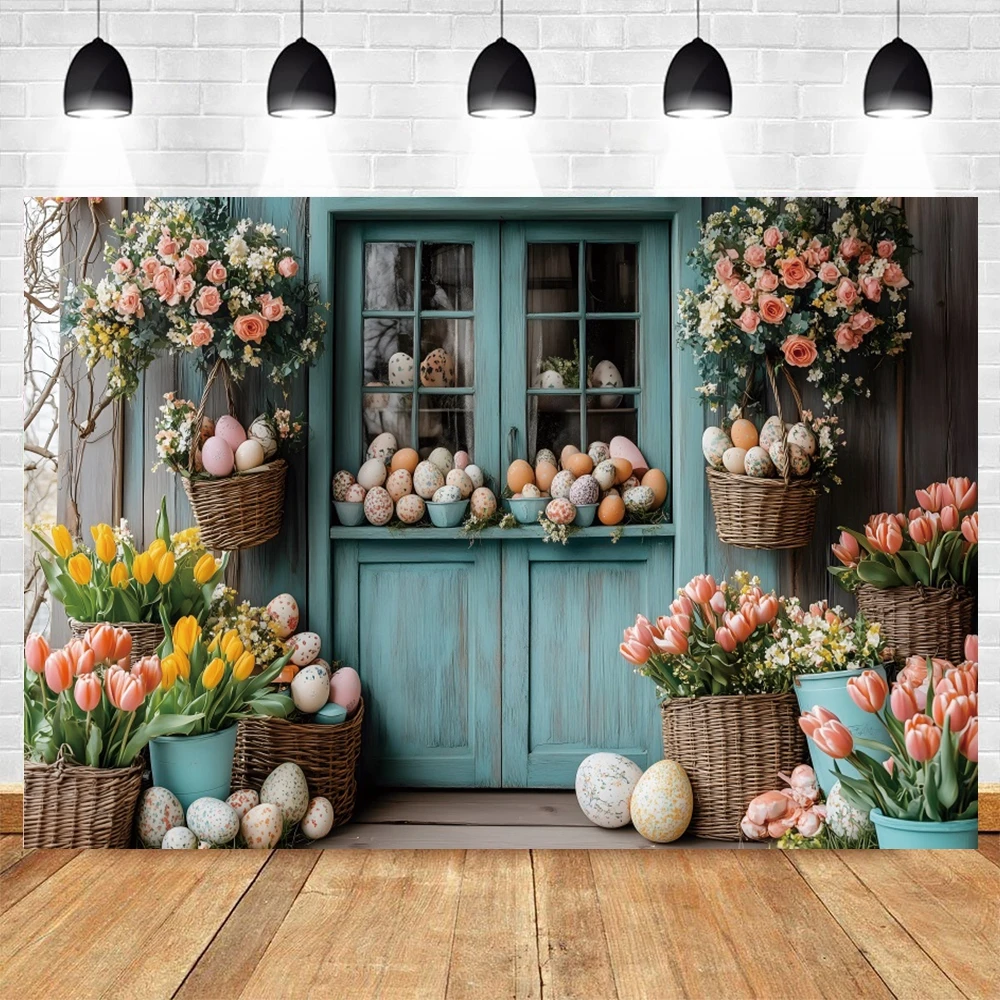 Spring Easter Photography Backdrop Wooden House Flowers Easter Eggs Kids Portrait Decor Banner Background Photo Studio Props