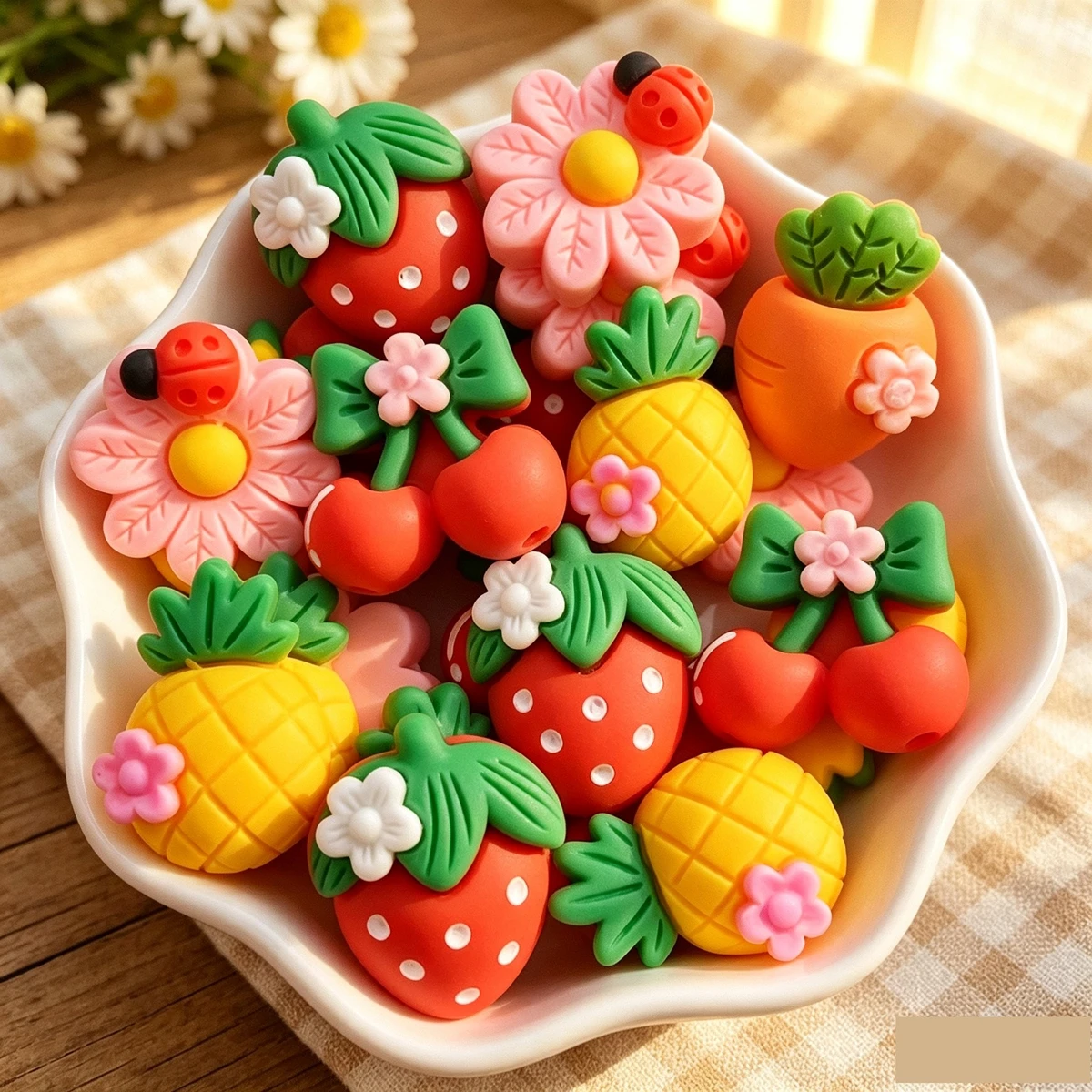 12Pcs New Cute Resin Cartoon Strawberry, Cherry, Radish, Pineapple Series Flat Back Manicure Parts Embellishments For Hair Bows