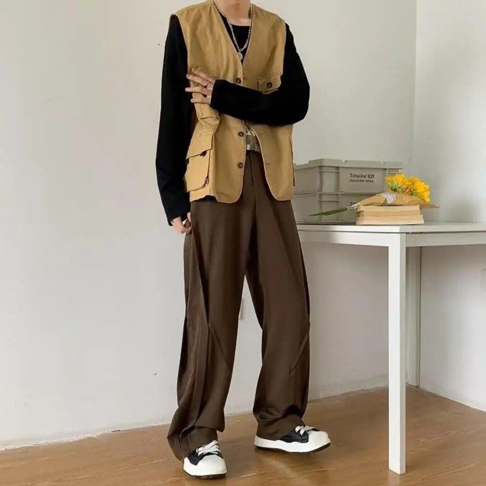 Men Pants Retro American Style Men's Suit Pants Wide Leg Deep Crotch Formal Office Wear Trousers with Pockets Men Loose Trousers