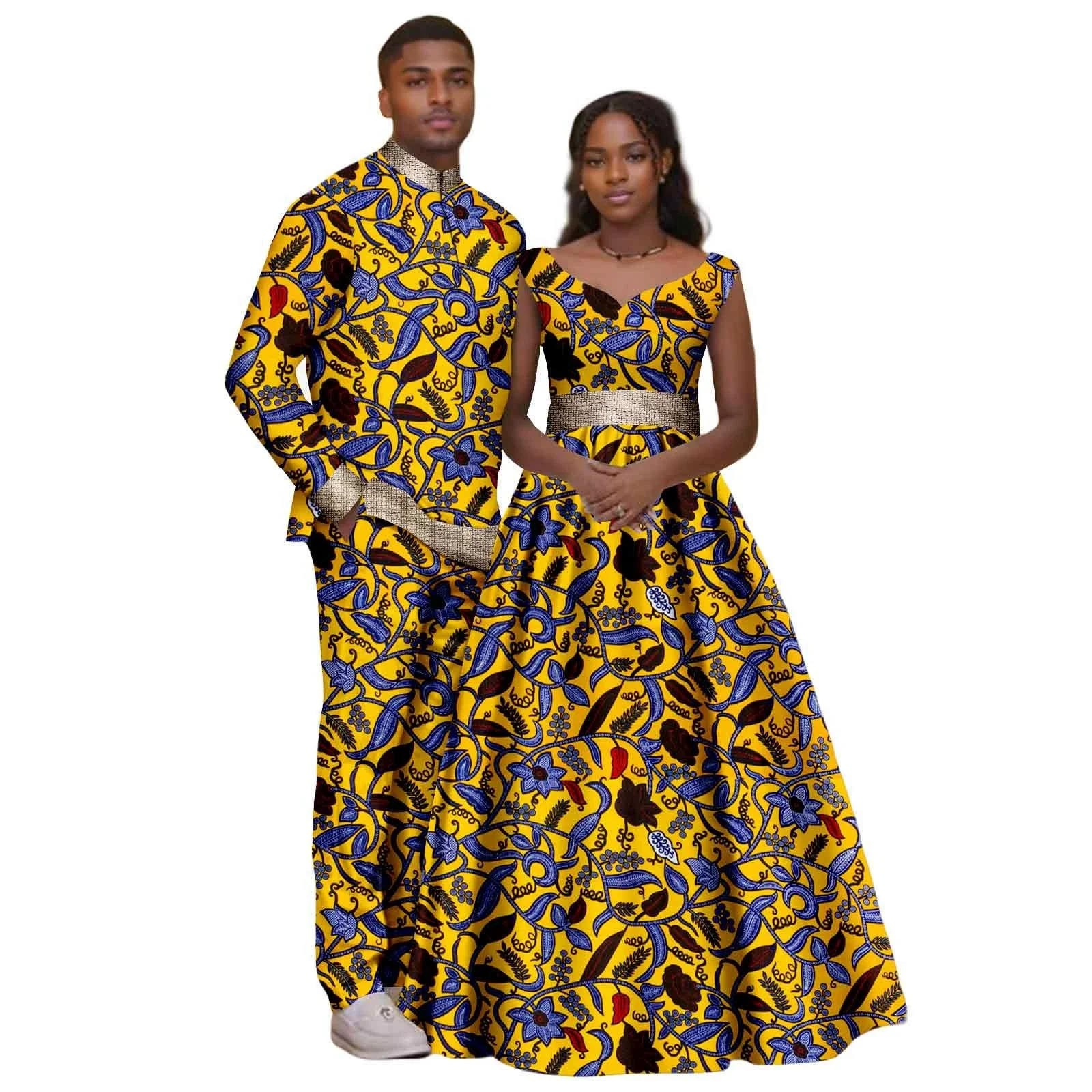 

Sale! African Print V-neck Long Maxi Dresses for Women Matching Couple Clothes Men Outfits Wedding Dashiki Top and Pant Sets