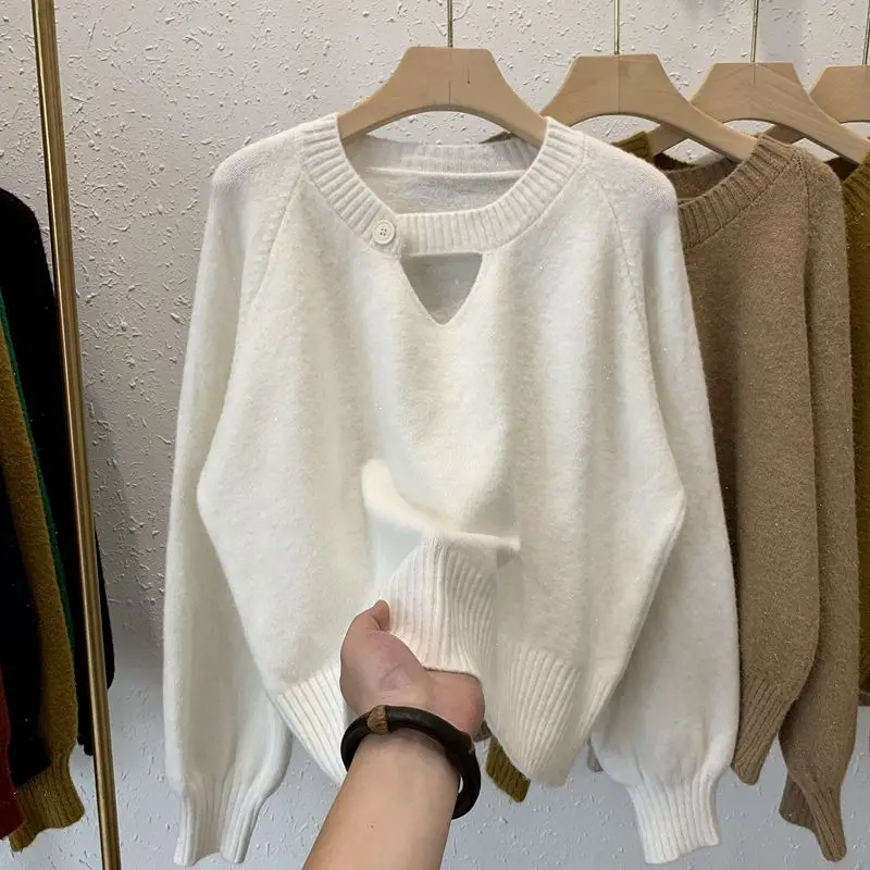 Fashion Hollow Out Button All-match Knitted Sweater Female Clothing 2023 Autumn Winter New Korean Pullovers Casual Tops