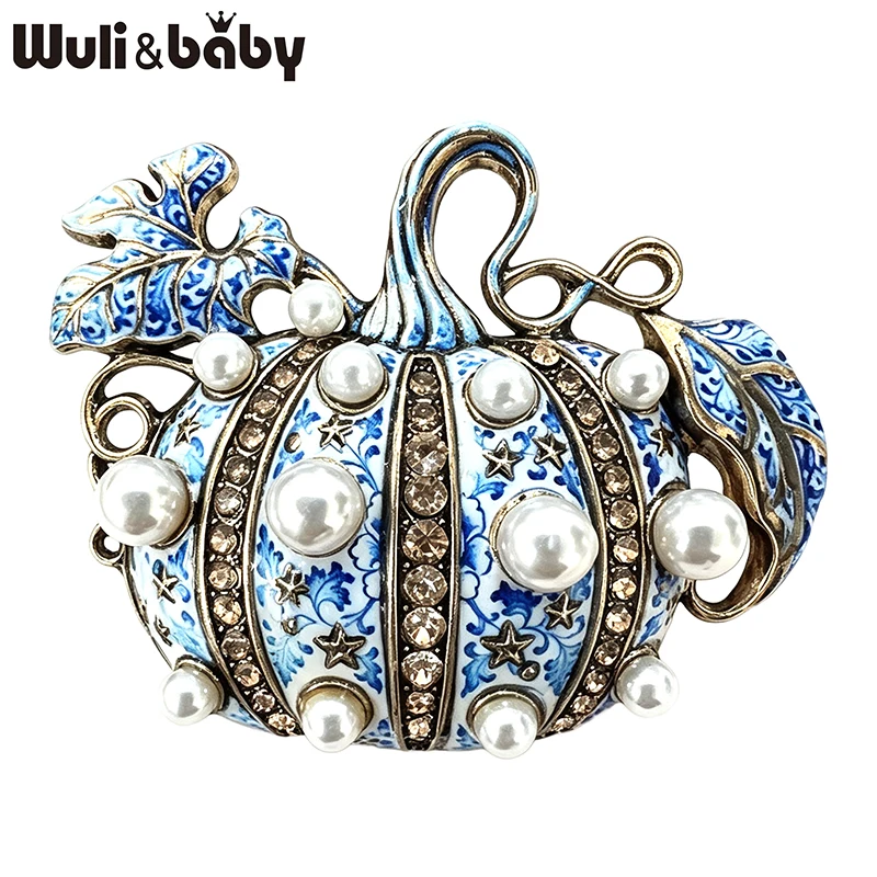 Wuli&baby Vintage Perlen-Kürbis-Broschen für Frauen Unisex 2-farbige Strass-Pflanzen Halloween-Party-Broschen Geschenke – Detail 1