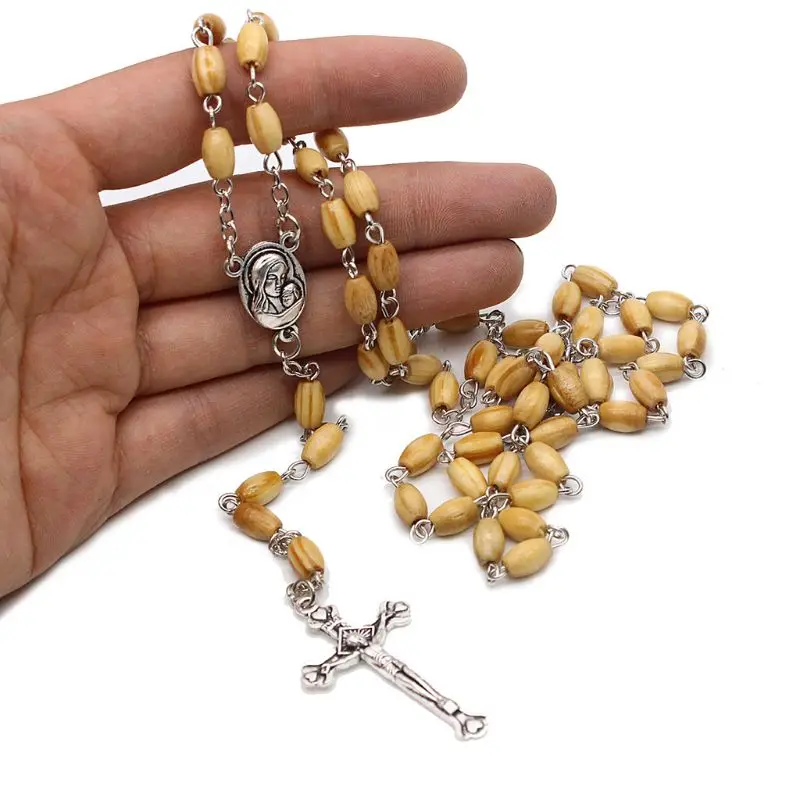 367A Handmade Round Bead Catholic Rosary for Cross Religious Wood Beads Necklace Gift