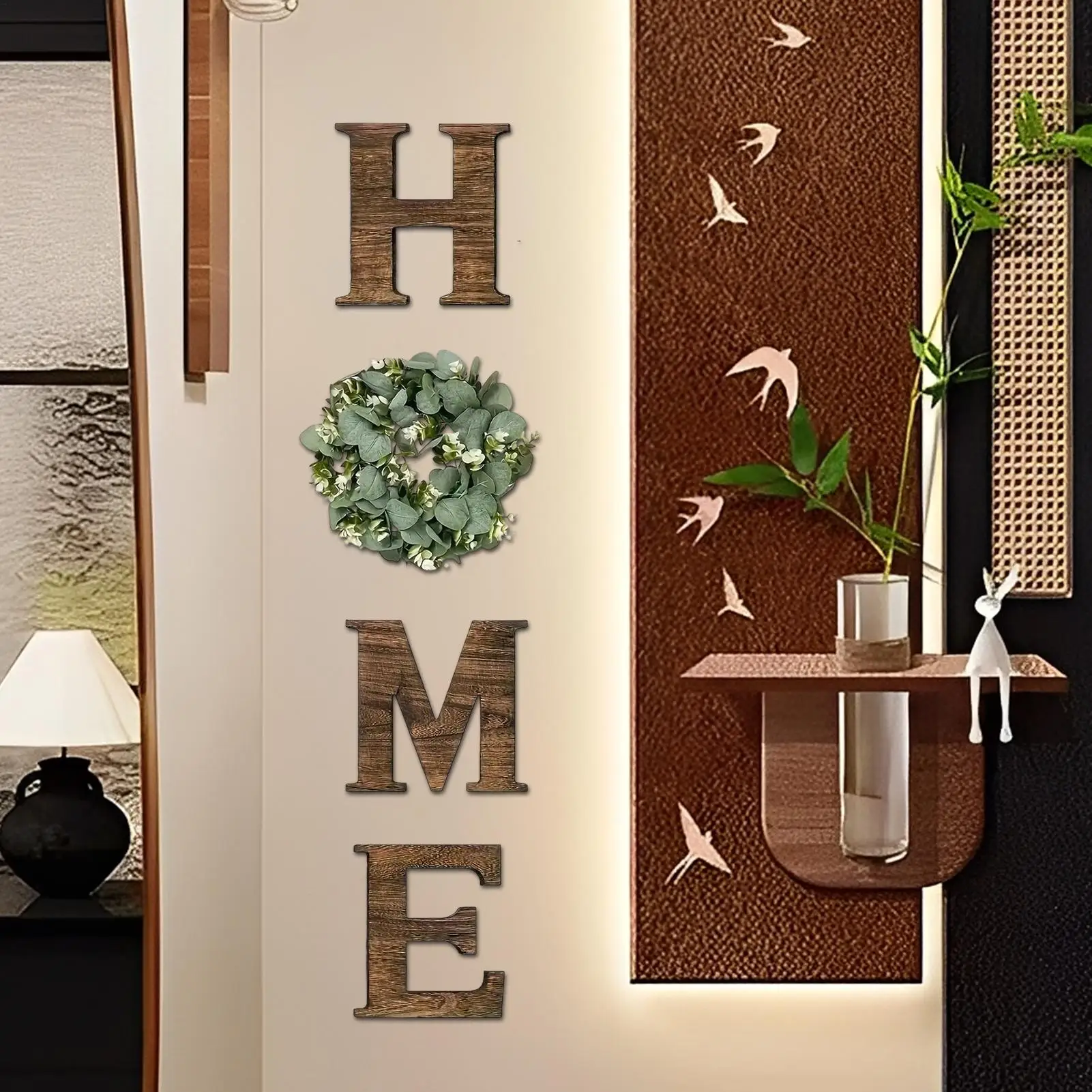 Panneau mural avec lettres en bois, décor rustique avec couronne d'eucalyptus artificielle, pour salon, cuisine, entrée, pendaison de crémaillère, mariage