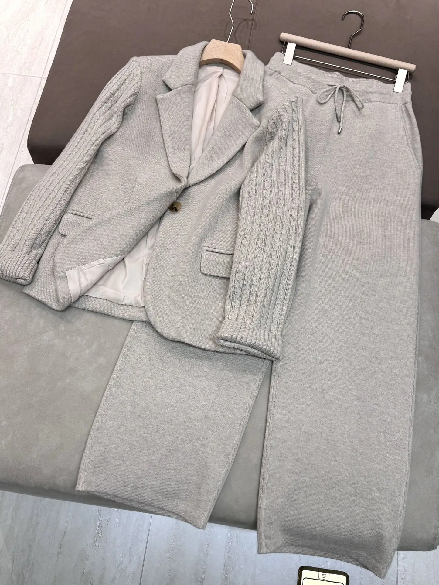 Women's Pants Suit Cashmere Knitted Blazer Jacket + Drawstring High Waist Straight Pants 2-piece Set