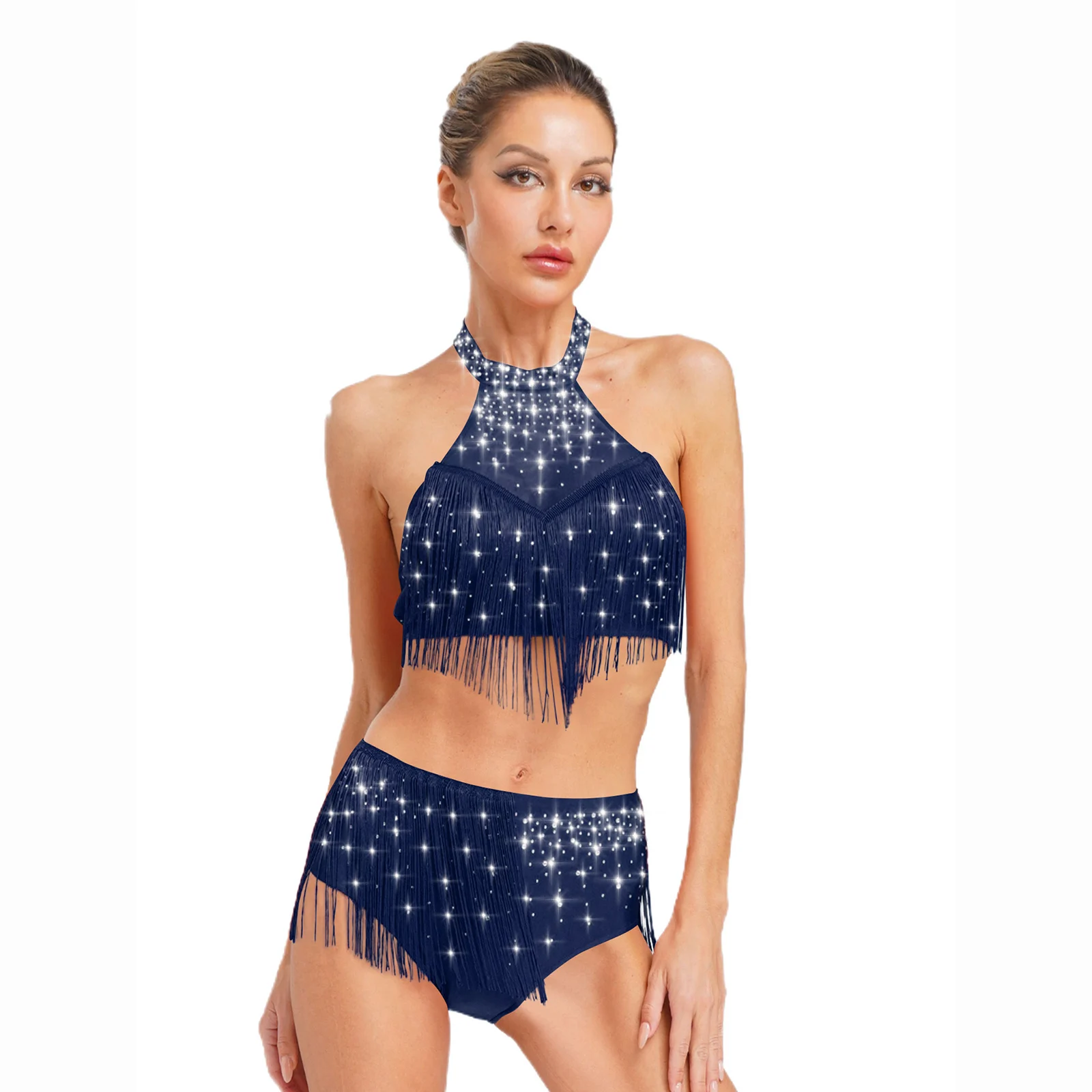 

Women Shimmery Belly Dance Competition Outfits Halter Crop Tops And Tassel Underwear Shorts for Salsa Samba Belly Dancing Party