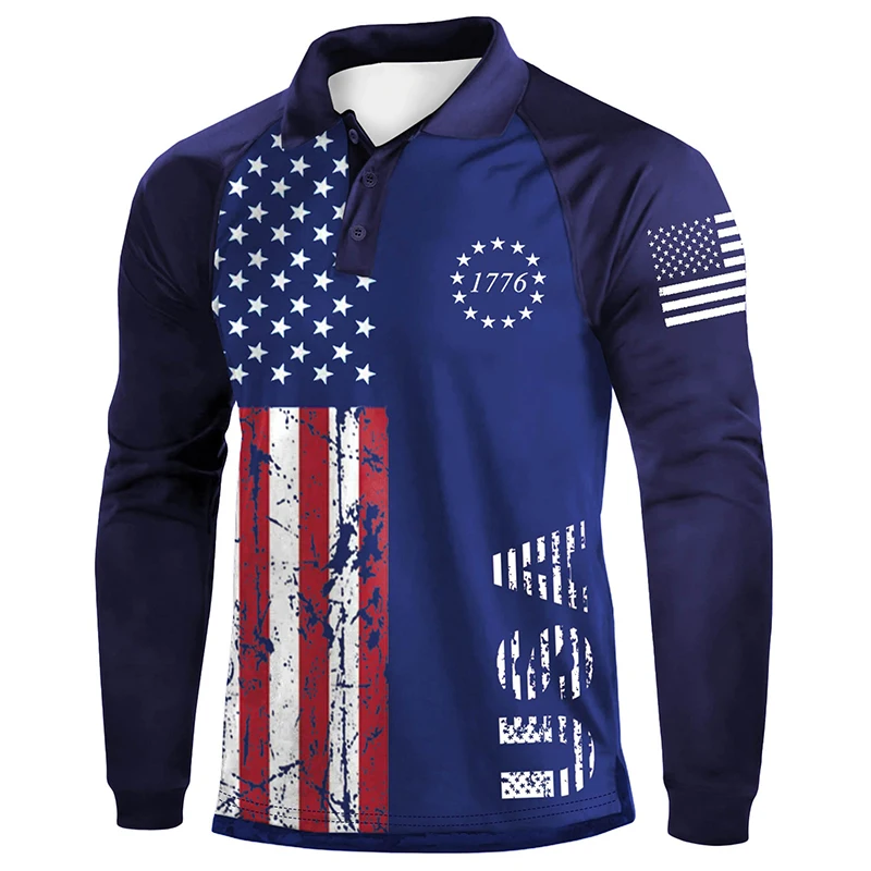 

Men's Long Sleeve USA flag 3D Print Polo Shirtautumn business casual long sleeved top comfortable breathable loose collarT-shirt
