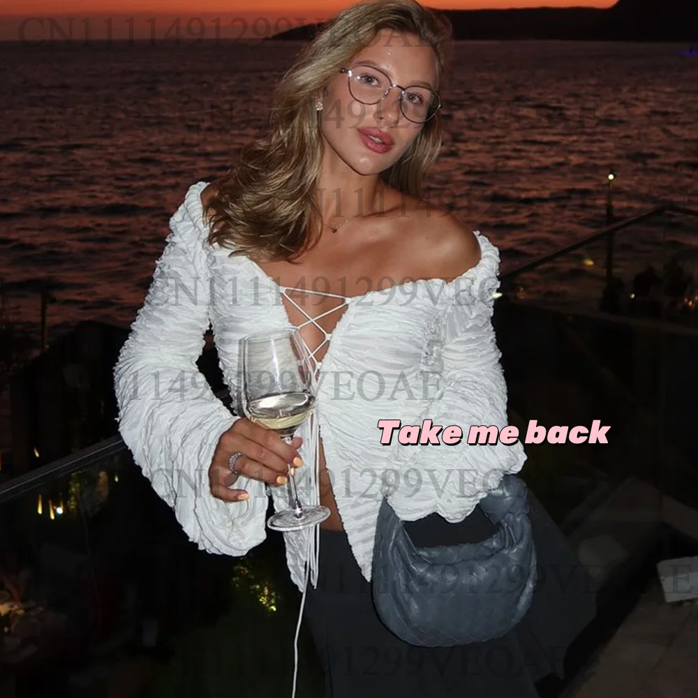 2026 White V Neck Lace Up Top Women's Sexy Hollow Solid Cardigan Casual Gathered Long Sleeve Top Female Shirt Party Outfits