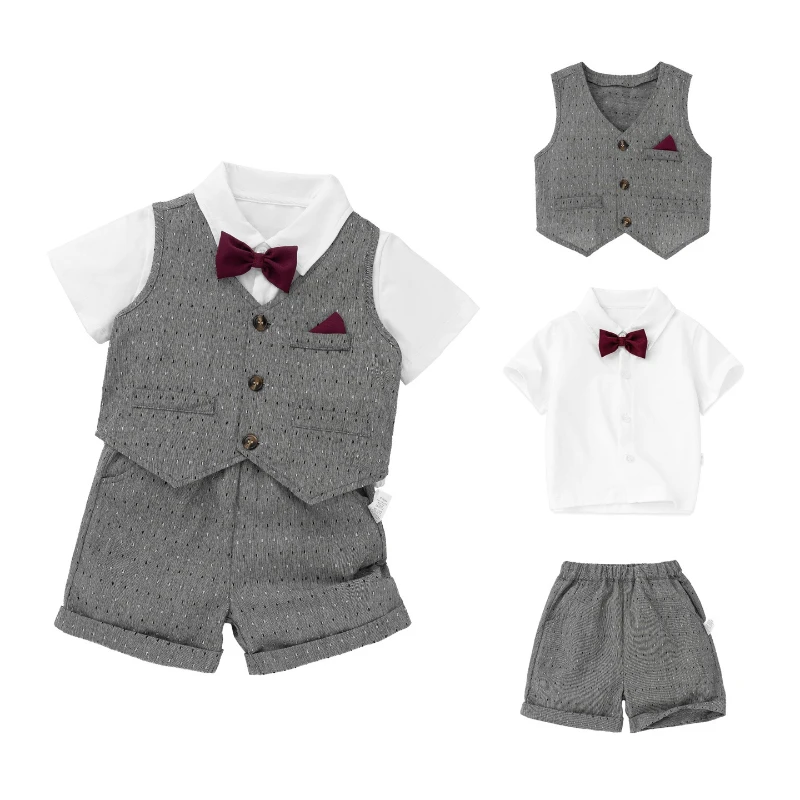 2026 Four Seasons Hot Selling New Solid Color Tie Shirt and College Style Vest and Shorts 3-Piece Set