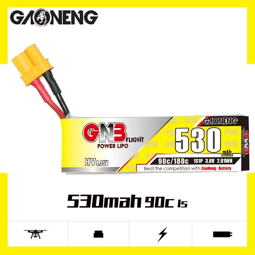 GAONENG GNB 530mAh HV 1S 90C 180C 3.8V Cabled XT30 LiPo Battery BetaFPV Beta75X Happymodel Mobula6 Mobula7 Snapper