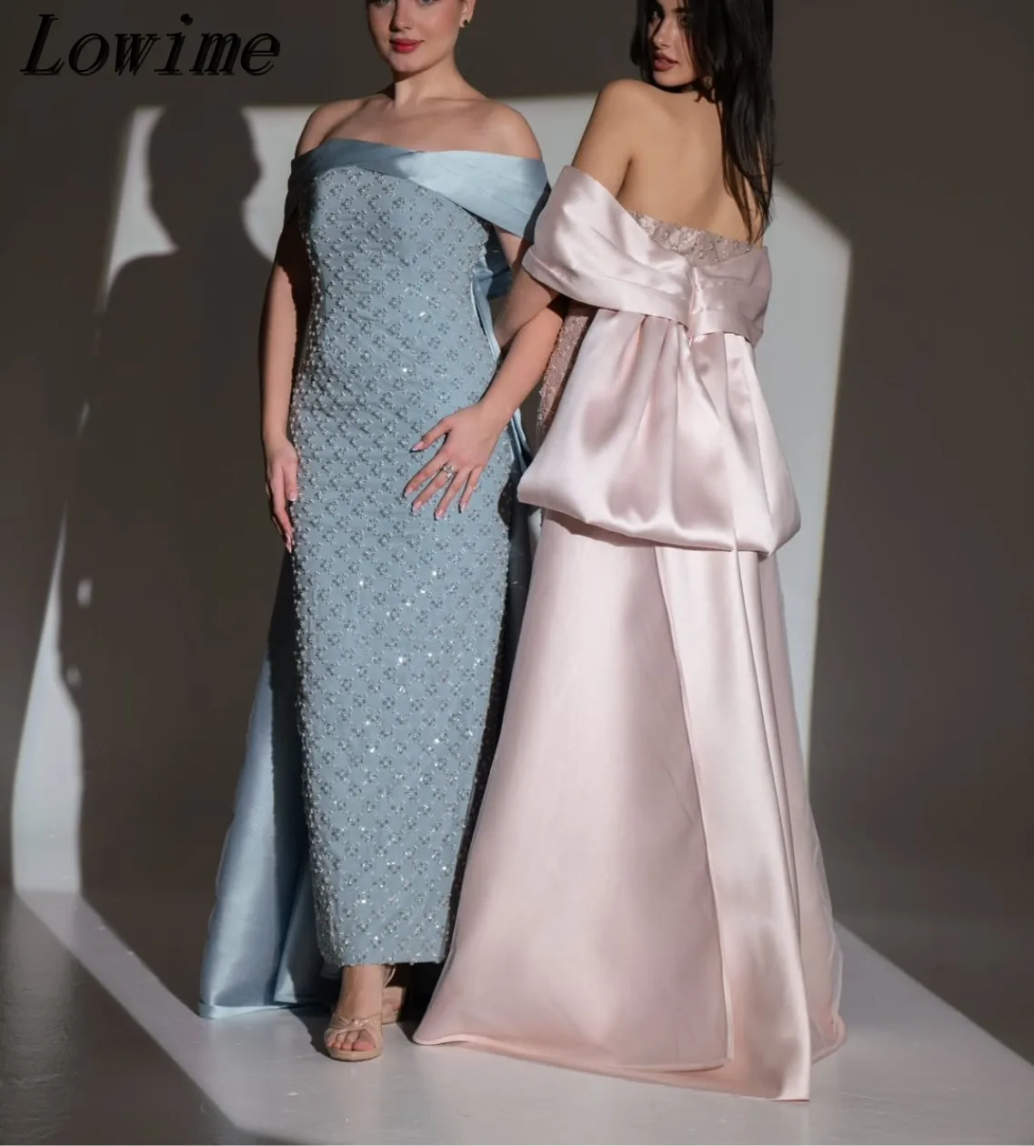

Customized Arabic Dubai Sky Blue Beading Handmade Prom Dress With Satin Back Train Off The Shoulder Formal Evening Party Dress
