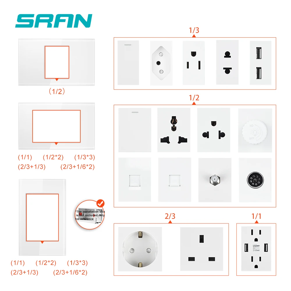 SRAN US CL Korea Brazil Standard Socket Switch 20A 118mm*72mm Panel Function Key Free Combination DIY USB C Fast Charging White