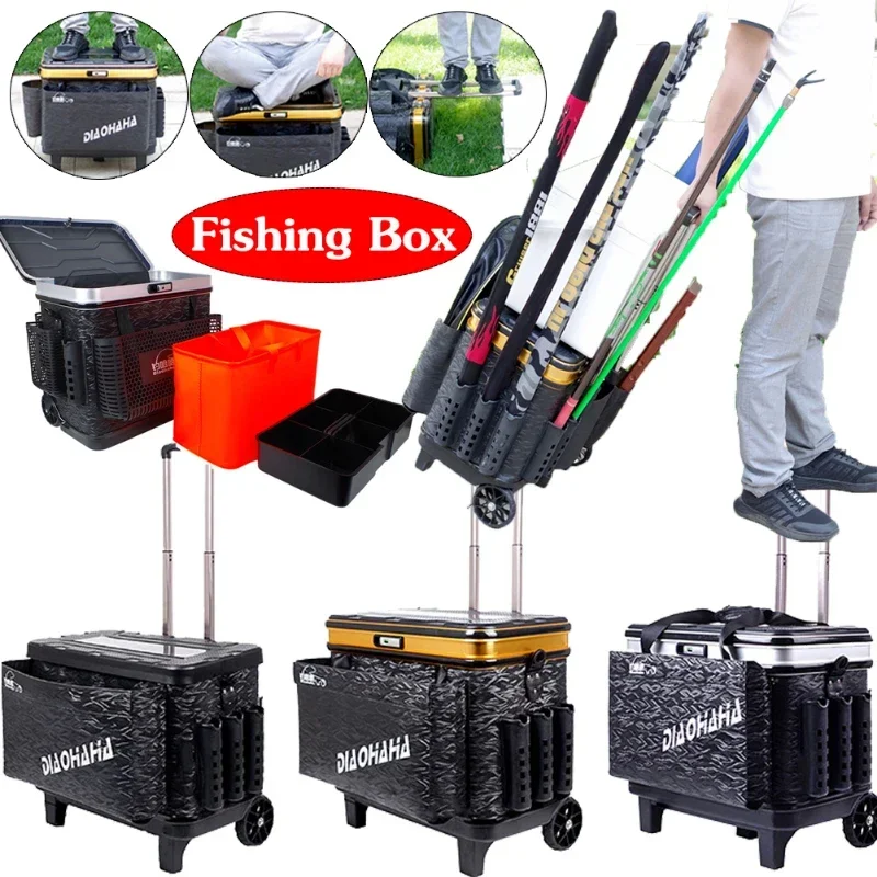 

Fishing Luggage Tackle Box With Wheels Large Capacity Fishing Tackle Box With Shoulder Straps Fishing Lures Hook Box Tools