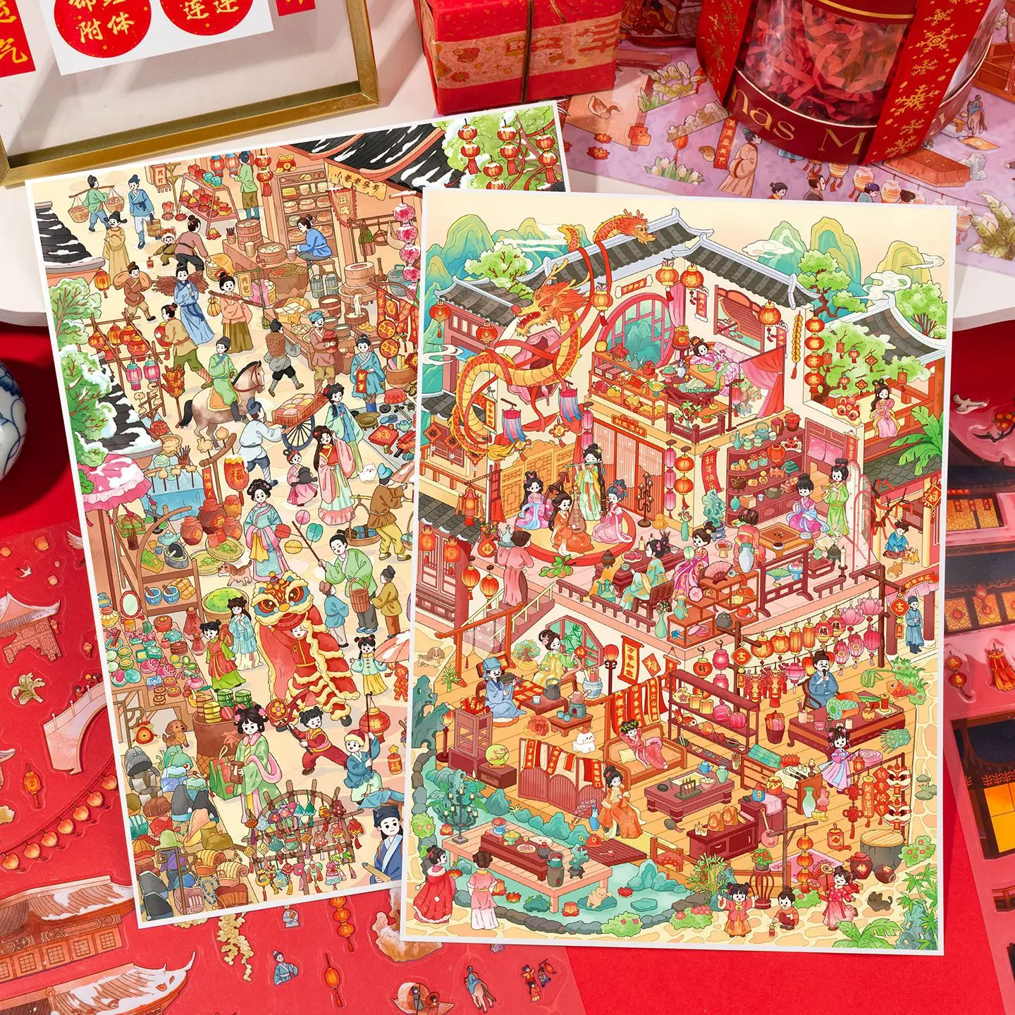 Plus Size Kawaii 3D Cartoon Xiangrui Lange Straat Miniatuur Scène Stickers Creatief Nieuwjaar Oud Landschap Scrapbook Stickers