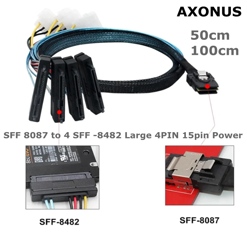 

NEW 50cm Mini SAS Cable SFF 8087 to 4 SFF -8482 Large 4PIN 15pin Power Hard Disk Data Cable SFF-8087 Host to 4 SAS 29Pin Cable