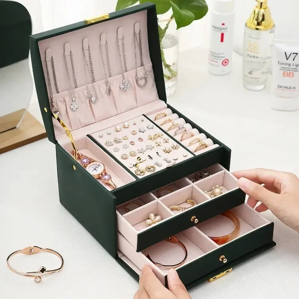 

Three-layer large-capacity box with compartments for necklaces, bracelets, rings, watch storage, and earrings and jewelry box