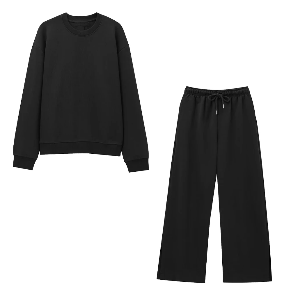 Taop&Za Autumn new women\'s fashionable casual loose round neck long sleeved sweatshirt with split legs and pants set