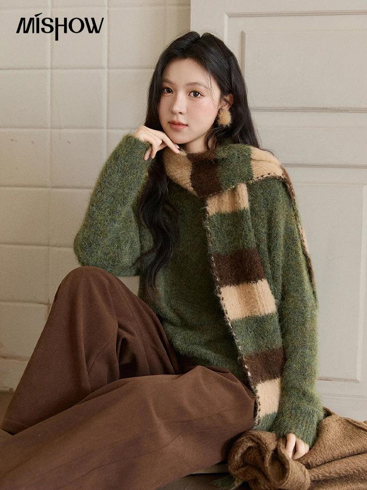 

MISHOW Рождественский женский свитер с шарфом во французском стиле ретро, комплект из двух предметов, зима 2025, зеленый вязаный свитер, топ с круглым вырезом, MXE90Z2823