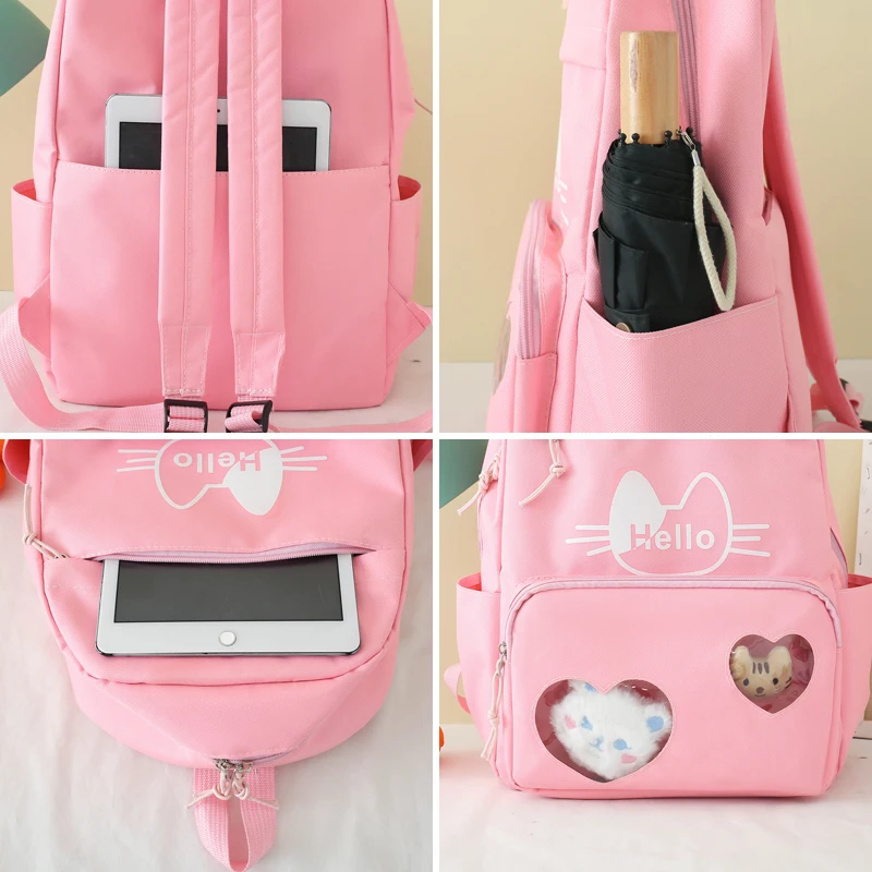 Ensemble de sacs d'école mignons pour filles, sac à main, chaton, Hello, SR, femmes, enfants, 4 pièces