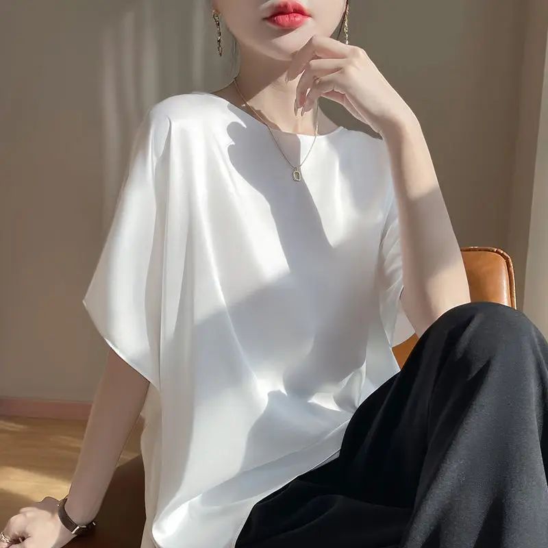 

Summer Satin Loose Fit Women's Blouse Half Sleeve O-Neck Pullover Casual Solid Color Top for Ladies