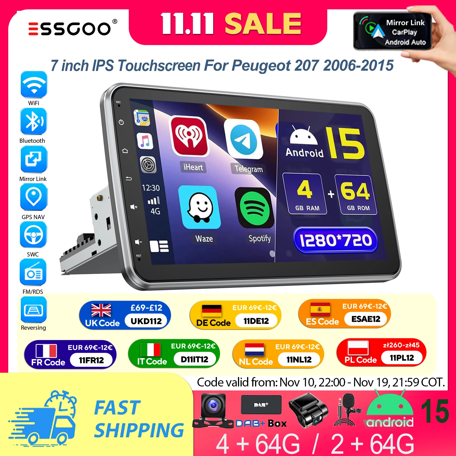 ESSGOO 10,1"Android15 4+64G 360 ° Girevole 1DIN Universale Autoradio Radio Wireless Carplay BT GPS Navi 2 + 64G RDS FM WIFI MIC SWC