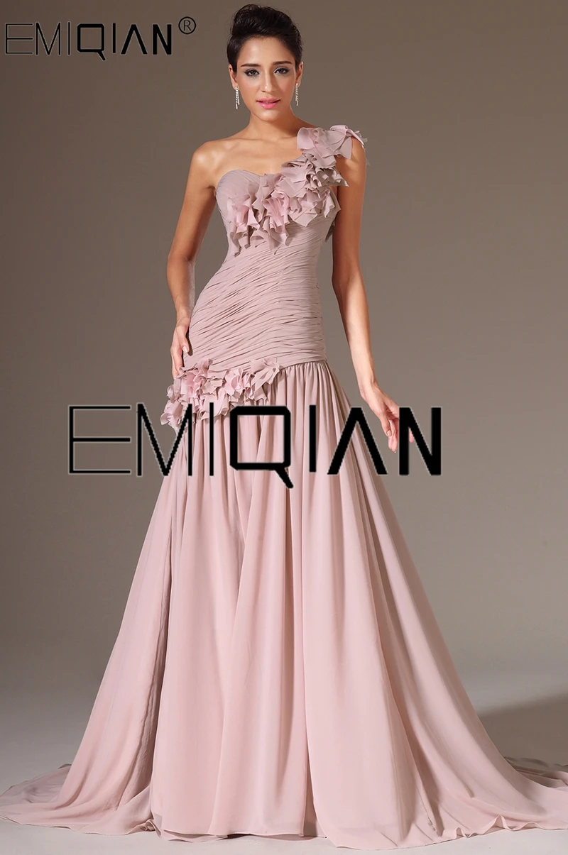 New Fashion One Shoulder with Flowers on Evening Gown Dusty Pink Chiffon Mermaid Evening Dresses