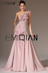 New Fashion One Shoulder with Flowers on Evening Gown Dusty Pink Chiffon Mermaid Evening Dresses