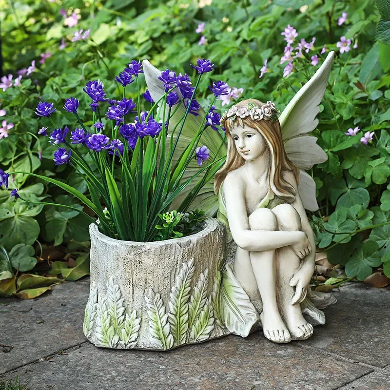 26cm Flower Fairy Statue Garden Decoration Character Resins Elves Sculpture Outdoor Angel Girl Figurines Craft Garden Decor