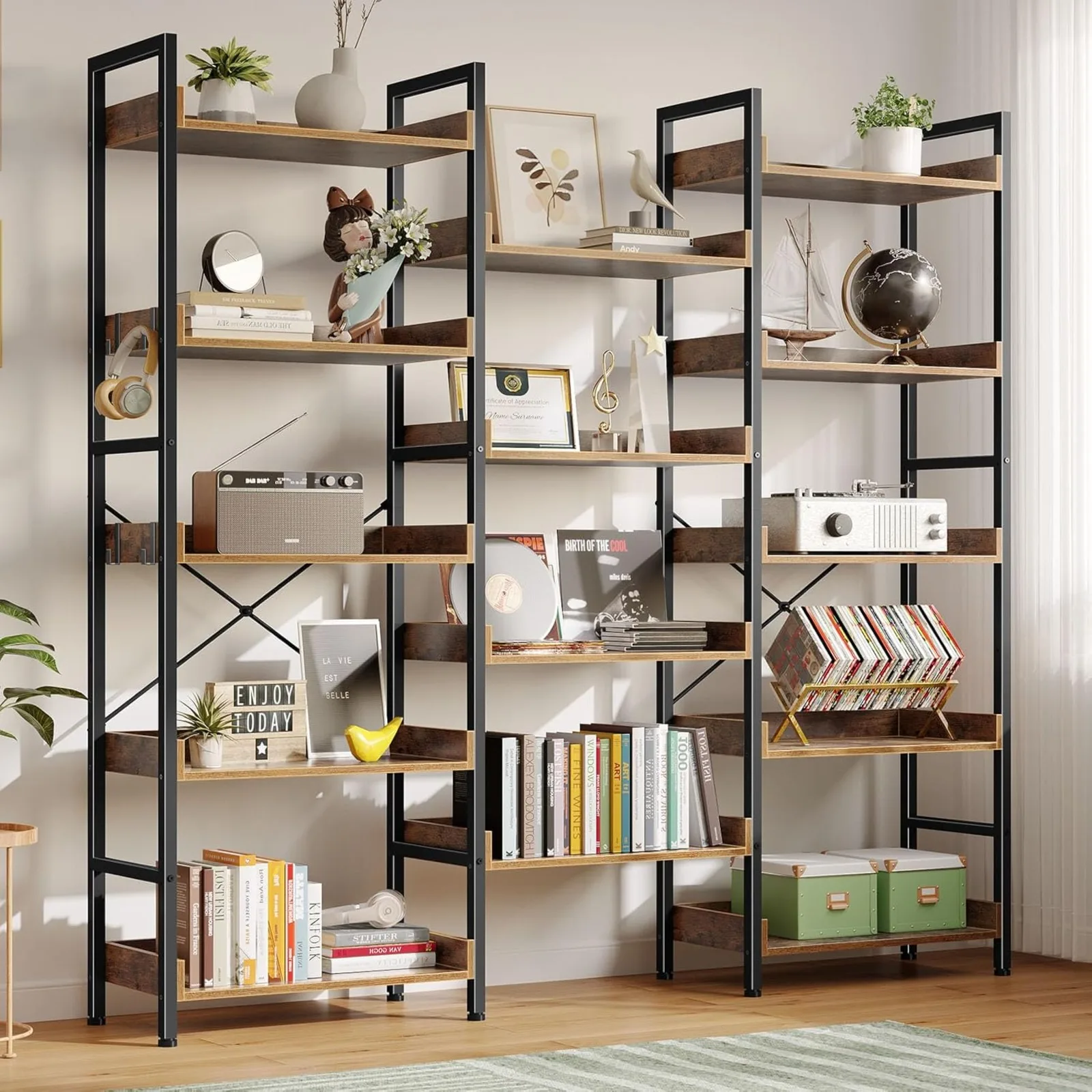 US Bookshelf 5 Tiers with 4 Hooks, Triple Bookcase with Open Display Shelves, Industrial Wide Bookshelf with Metal