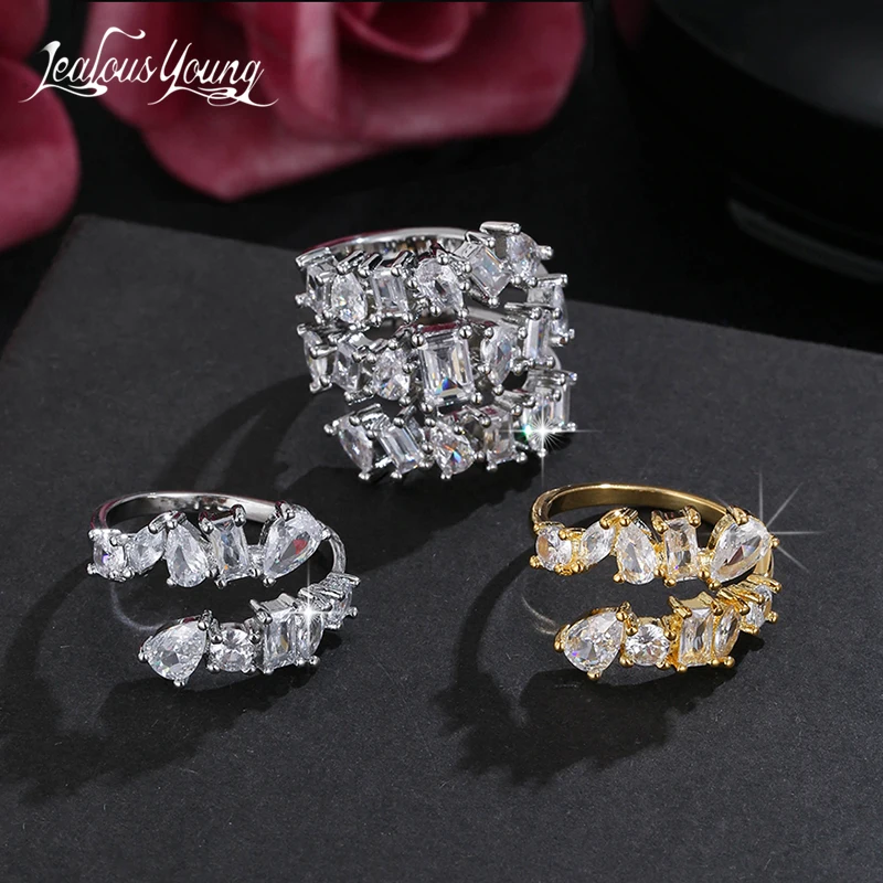 Luxury 3 Layers Irregular AAA Cubic Zirconia Couple Wedding Adjust Rings for Women Silver Color Openable Ring Jewelry