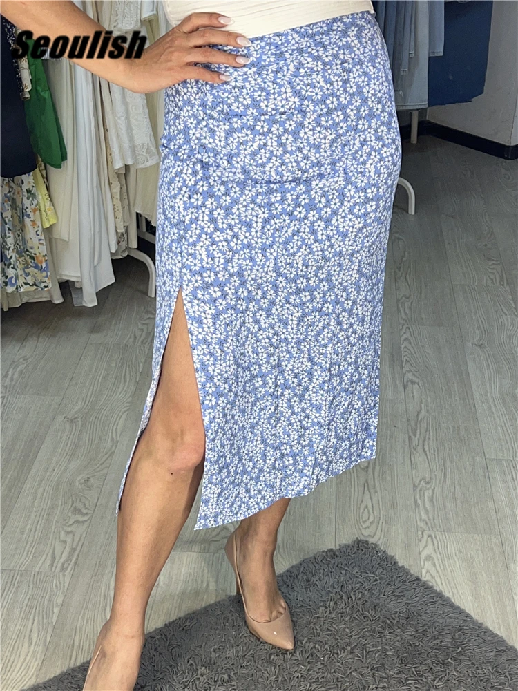 

Seoulish Summer Green Floral Printed Women's Mi-long Skirts 2022 New High Waist Elegant Straight A-Line Split Skirts Female