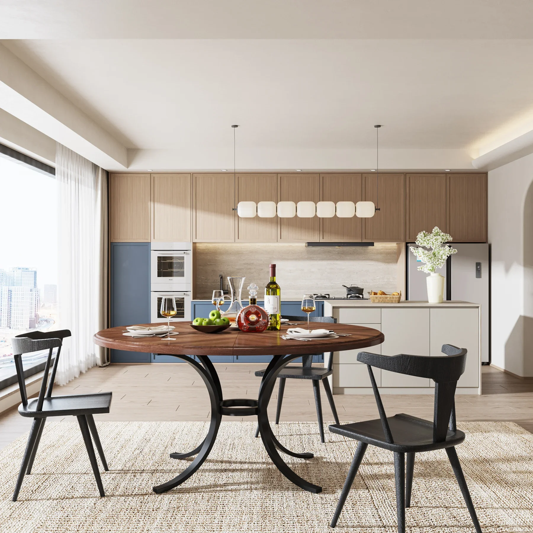 Wood Texture Surface Dining Table, Farmhouse Kitchen Table, Pedestal Base, Round Table for 4 People, Tribes Segments, 47 in