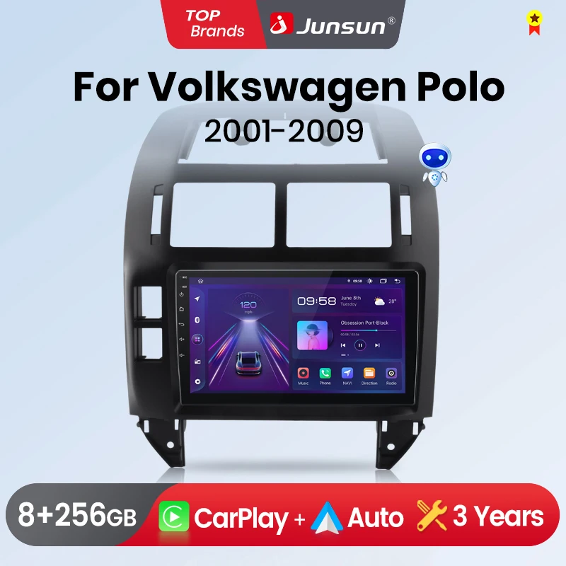 Junsun autoradio sans fil CarPlay Android Auto pour VW Volkswagen Polo Mk4 2001 - 2011 GPS multimédia 2 din