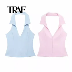 TRAF Retro Halter Women Crop Top Set Sexy V-neck Backless Sleeveless Tank Top Summer Street Lady Outfit TRAFSHE TRAF official