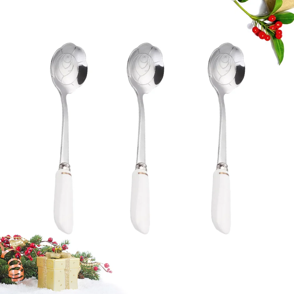 

3Pcs Stainless Steel Coffee Spoons Ceramic Handle Rose Petal Design Mixing Spoons Iced Tea Milk Cocktail Dessert
