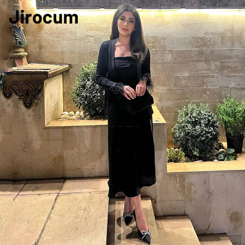 

Jirocum Black Prom Dress Women's 2 Piece Strapless Party Evening Gown Feather Long Sleeve customized Formal Occasion Dresses