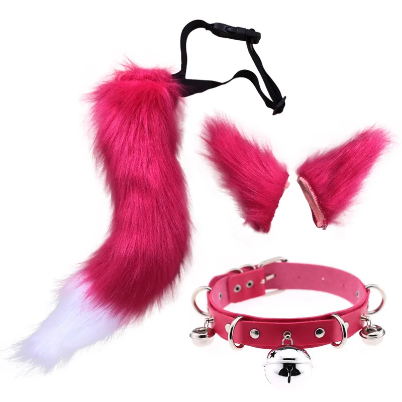 Fluffy Animal Fox Ears Headband Furry CAT Ears Hair Hoop Necklace 60cm Tail Set Leather Choker for Halloween Party Fancy Dress