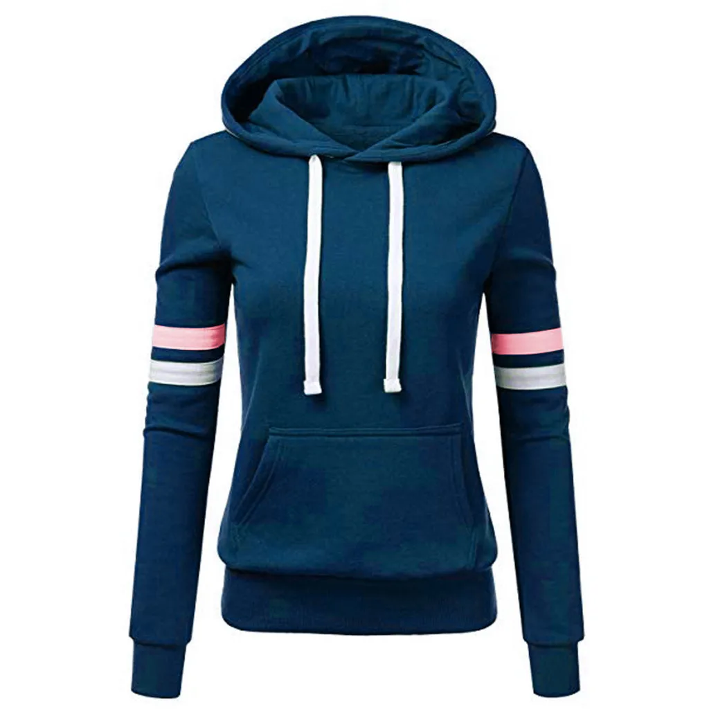 Sweatshirt Coat Long Sleeves Pocket Drawstring Colorblock Hooded Keep Warm Breathable PLus Size Lady Spring Coat Female Clothes