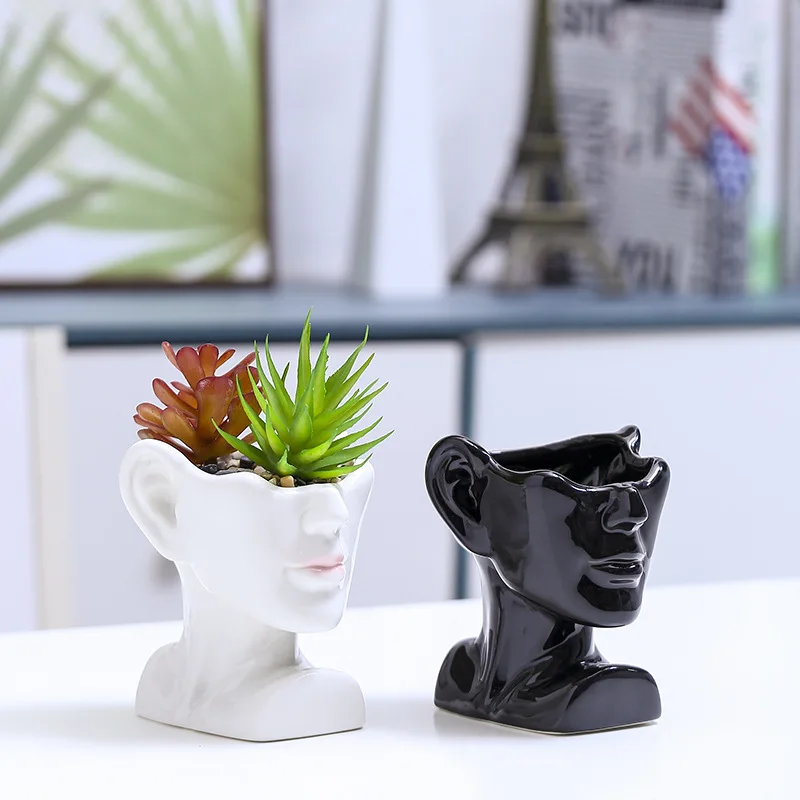 

Ceramic Succulent Flower Pot Small Size Black And White Creative Face Nordic Simple Succulent Flower Device Desktop Decoration