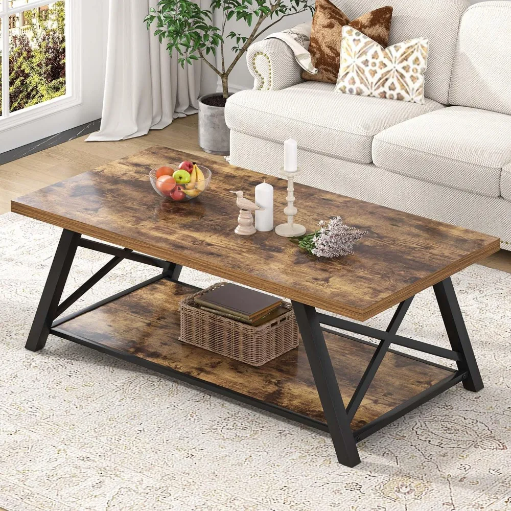 Modern Coffee Table, Wood and Metal Living Room Center Table with Storage Shelf, Industrial Rectangle Cocktail Tea Table, Rusti