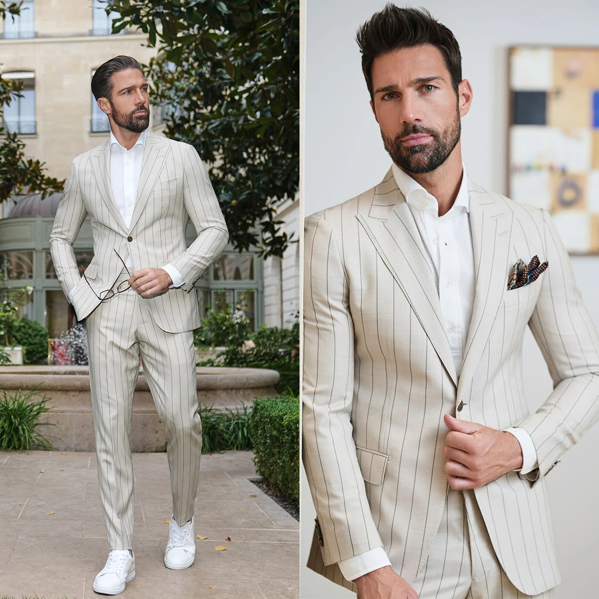 

Fashion Men's Suits Tailored 2 Pieces Blazer Pants One Button Peaked Lapel Stripes Slim Fit Wedding Groom Tailored Plus Size