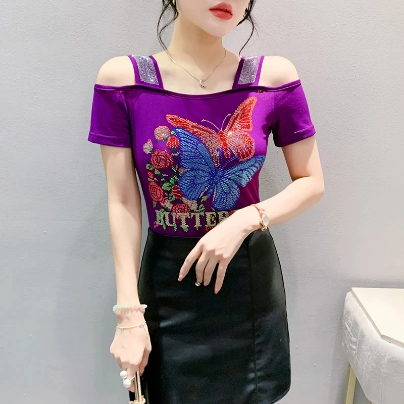 2024 New Summer European Clothes T-Shirt Women Sexy Off Shoulder Fashion Butterfly Shiny Diamonds Slim Tees Tops