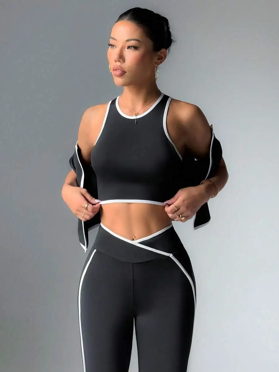

Contrast Trim Sleeveless Crop Top And High Waist Leggings Set Workout Sports Suit
