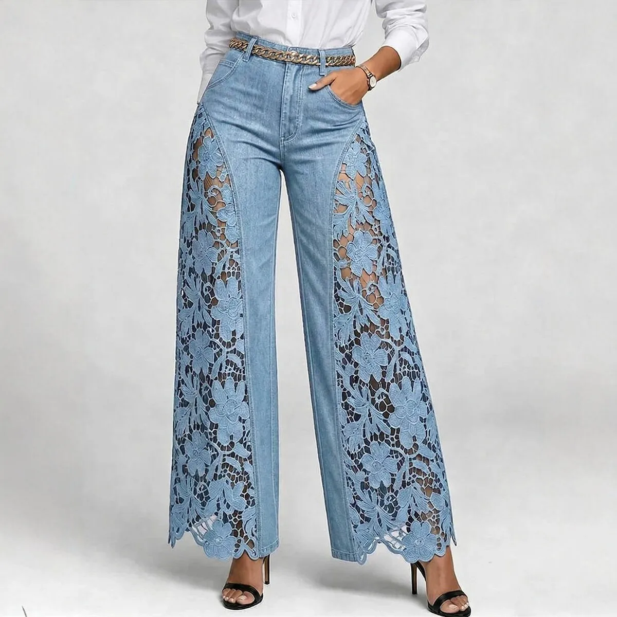 Ladies High Waist Lace Spliced Wide Leg Jeans Button Fly Pockets Loose Fit Casual Streetwear Summer Fall Fashion Denim Pants