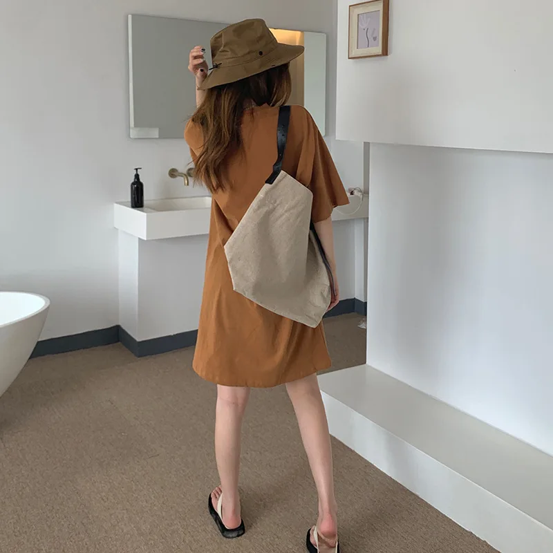 Abito da donna con colletto posteriore in cotone con spalle scoperte, edizione coreana estiva, gonna t-shirt a maniche corte ampia da media a lunga per donna