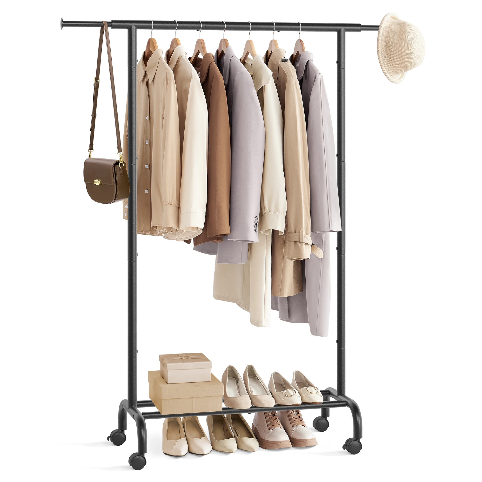 SONGMICS Clothes Rack, Clothing Rack for Hanging Clothes with Wheels, Garment Rack with Extendable Hanging Rail