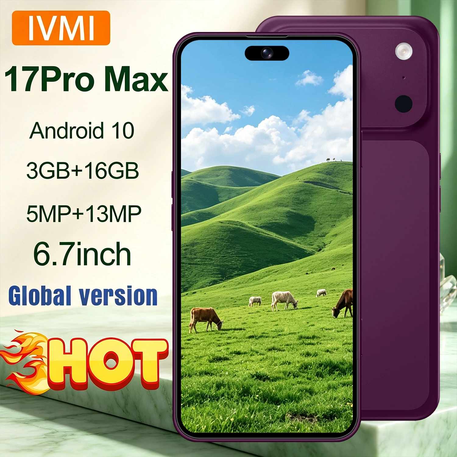 New IVMI 17PROMAX Birkenred unlocked mobile phone 6.7-inch 3GB+16GB memory dual-camera Android phone Google Play Bluetooth WiFi